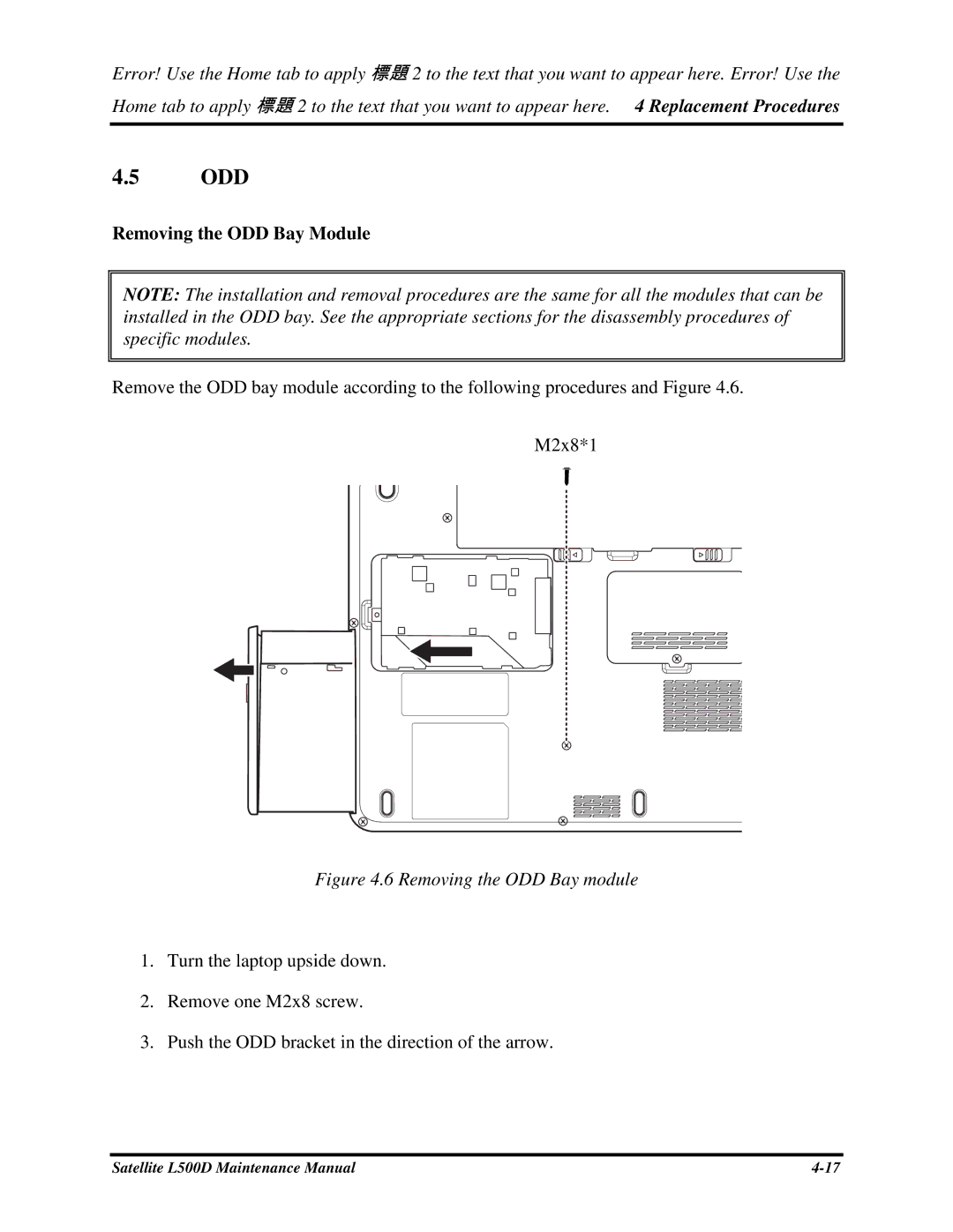 Toshiba L500D manual Odd, RemovingtheODDBayModule 