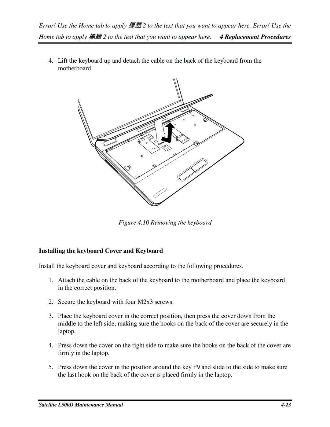 Toshiba L500D manual InstallingthekeyboardCoverandKeyboard, SecurethekeyboardwithfourM2x3screws 