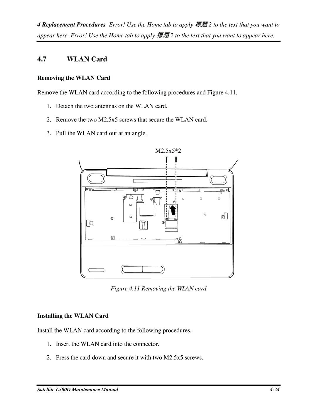 Toshiba L500D manual RemovingtheWLANCard, InstallingtheWLANCard 