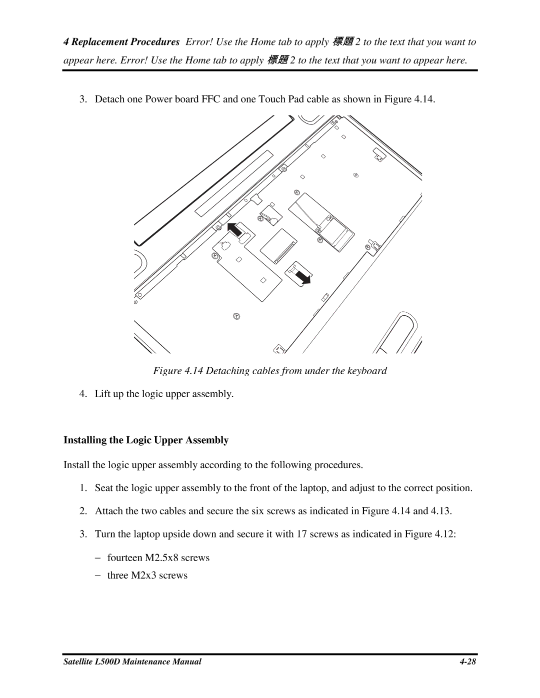 Toshiba L500D manual Liftupthelogicupperassembly, InstallingtheLogicUpperAssembly 