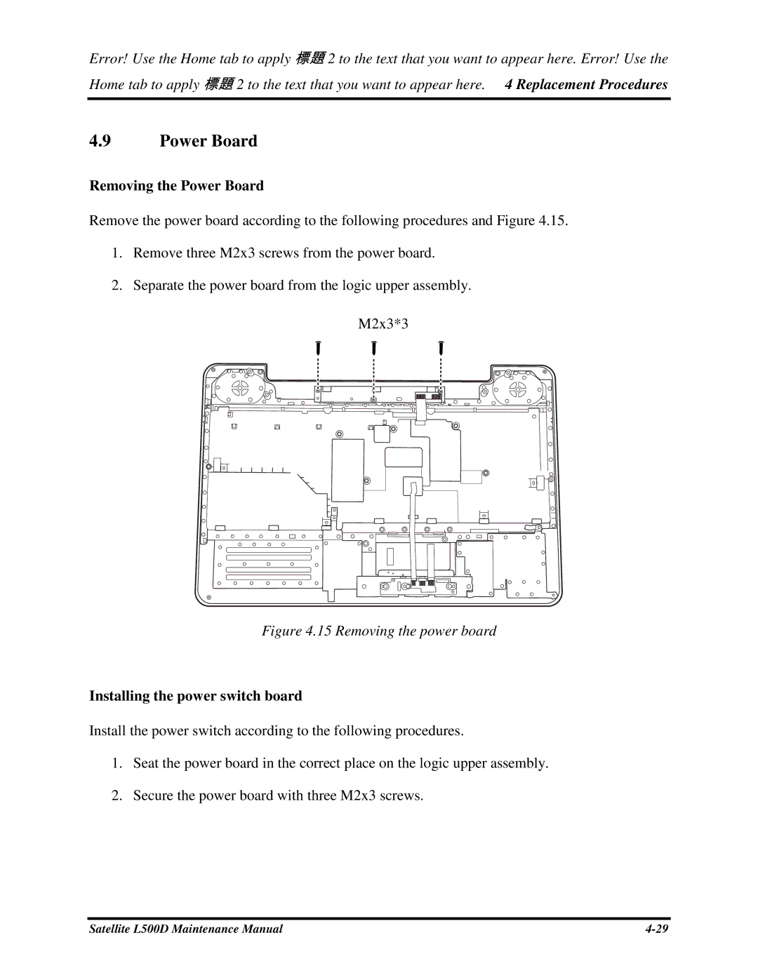 Toshiba L500D manual RemovingthePowerBoard, Installingthepowerswitchboard 