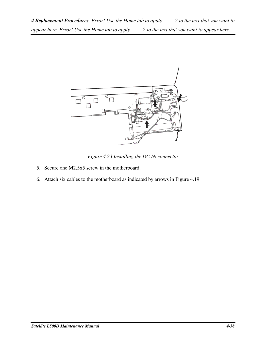 Toshiba L500D manual 23InstallingtheDCINconnector 