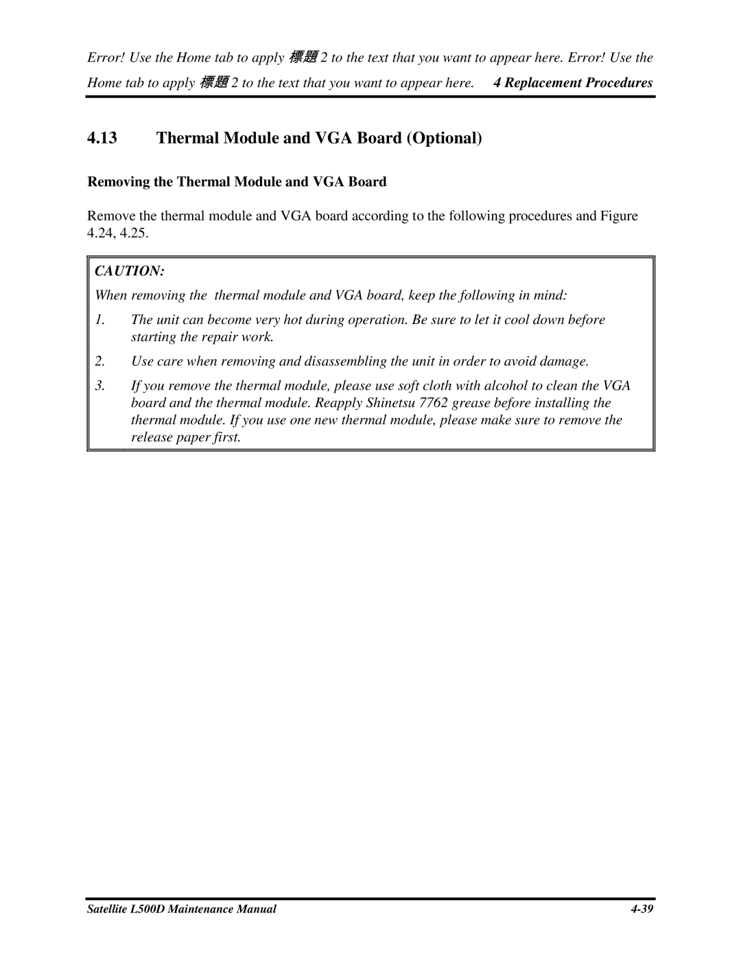 Toshiba L500D manual ThermalModuleandVGABoardOptional, RemovingtheThermalModuleandVGABoard 