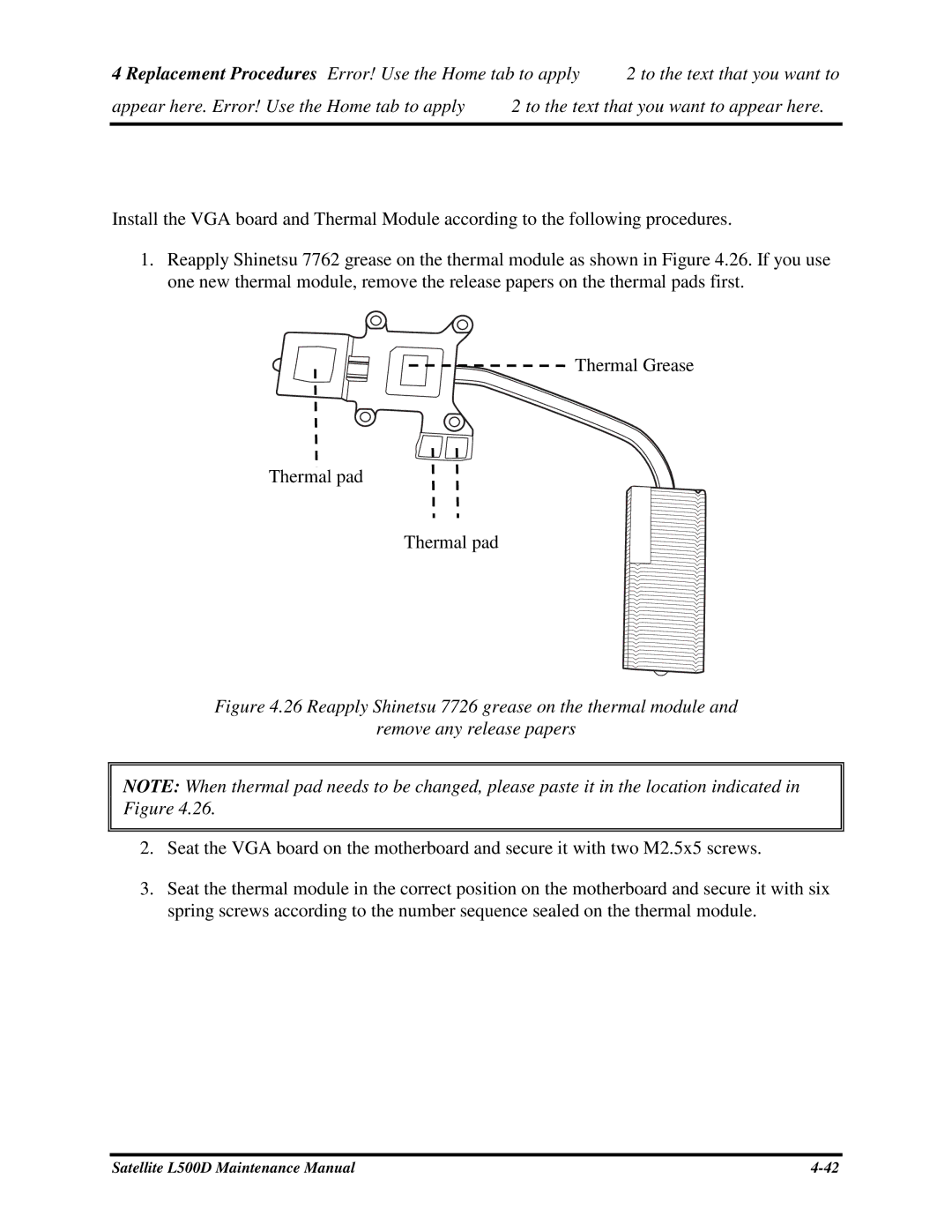 Toshiba L500D manual InstallingtheVGABoardandThermalModule, ThermalGrease Thermalpad 