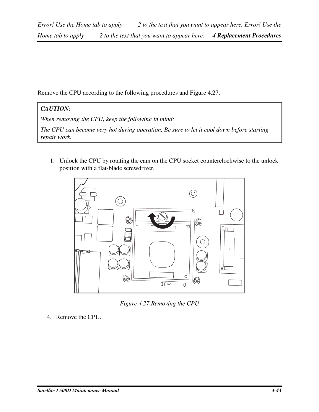 Toshiba L500D manual 14 CPU, RemovingtheCPU, WhenremovingtheCPU,keepthefollowinginmind 