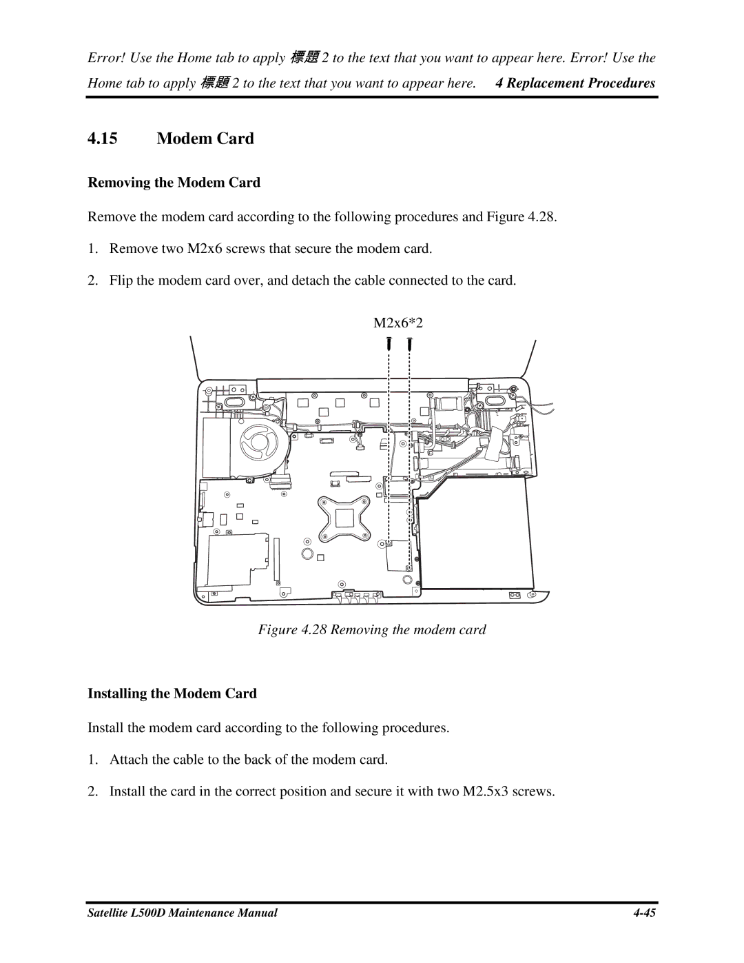 Toshiba L500D manual RemovingtheModemCard, InstallingtheModemCard 