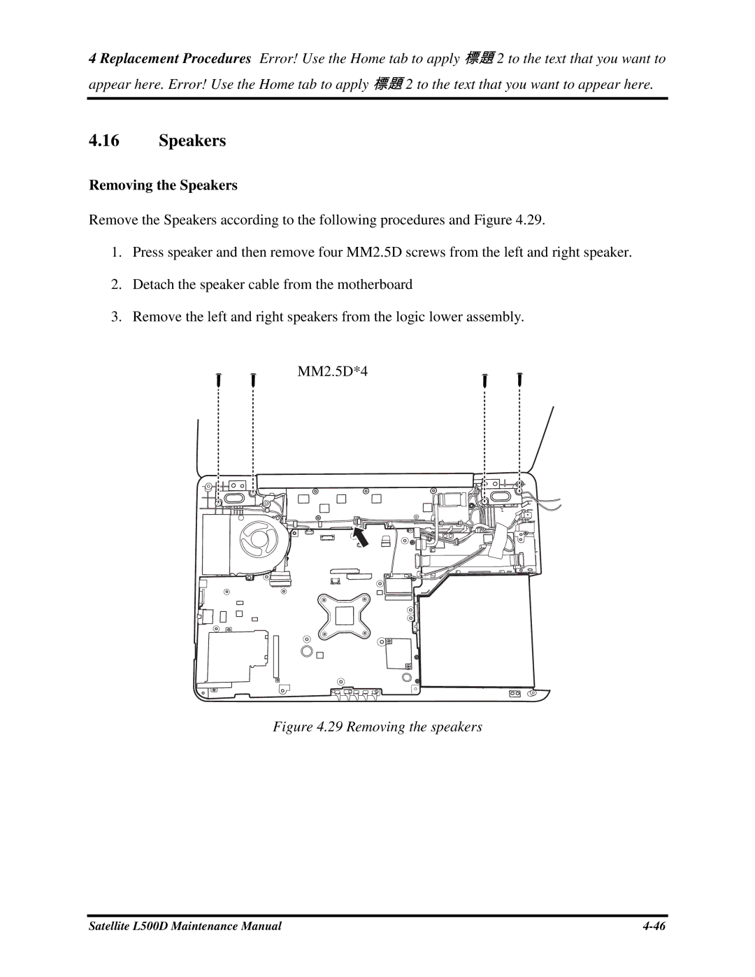 Toshiba L500D manual RemovingtheSpeakers 