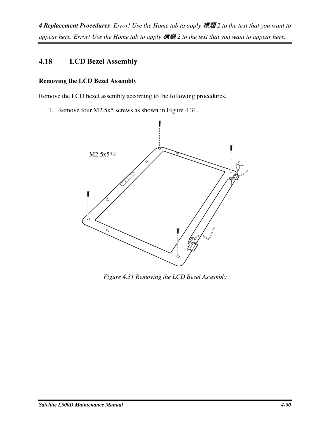 Toshiba L500D manual RemovingtheLCDBezelAssembly 