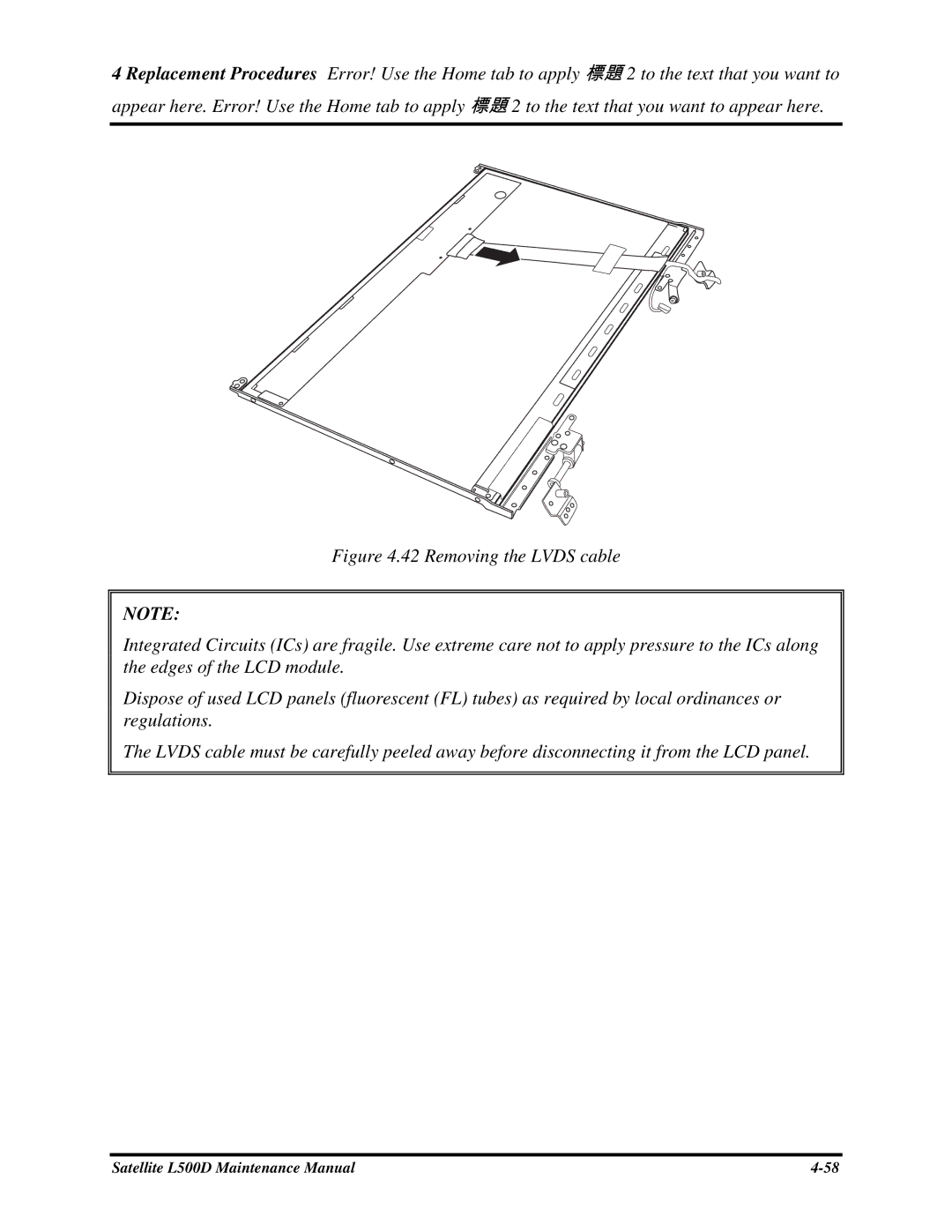 Toshiba L500D manual 42RemovingtheLVDScable 