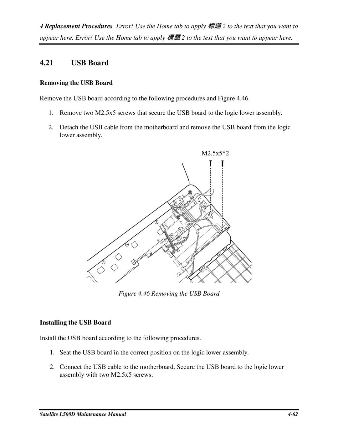 Toshiba L500D manual RemovingtheUSBBoard, InstallingtheUSBBoard 