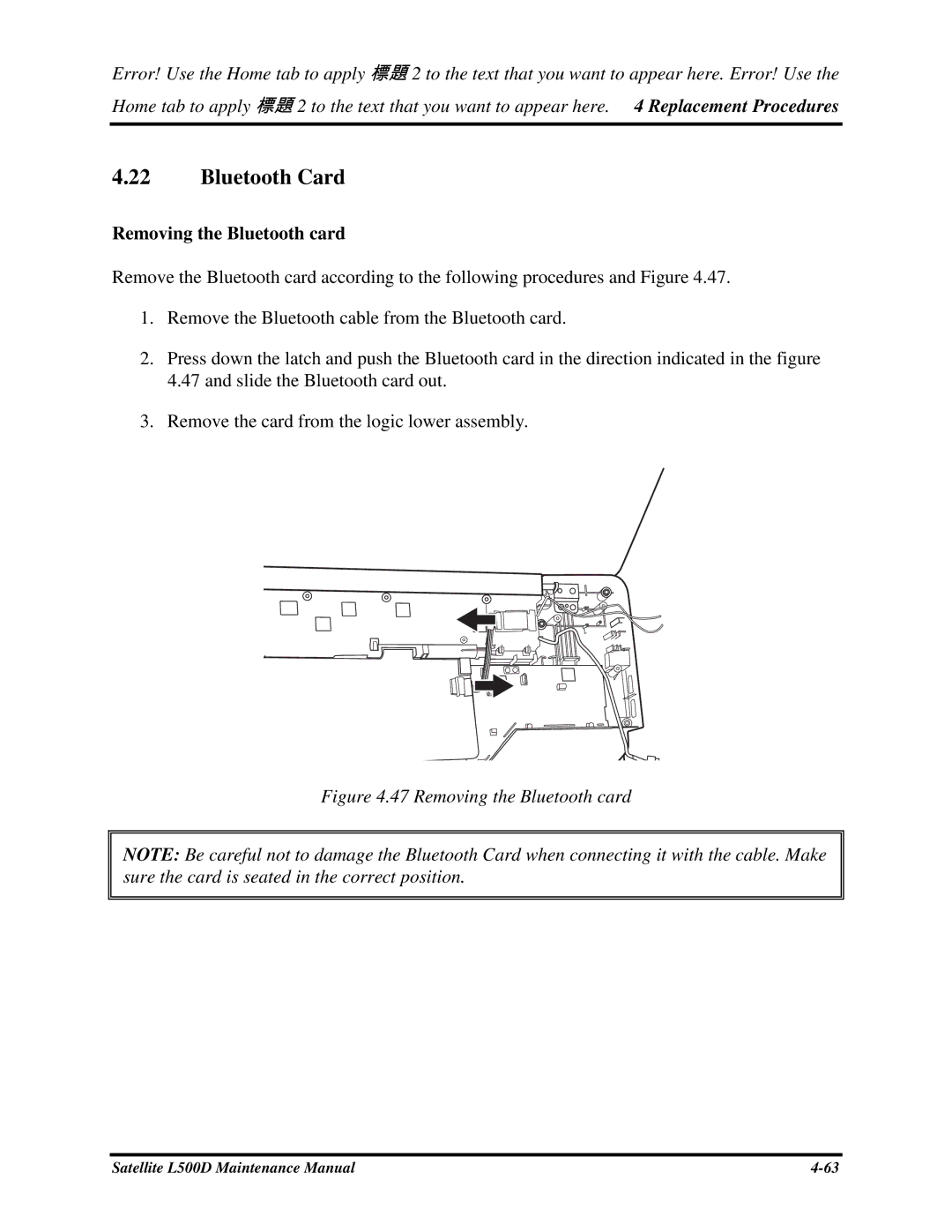 Toshiba L500D manual BluetoothCard, RemovingtheBluetoothcard, Removethecardfromthelogiclowerassembly 