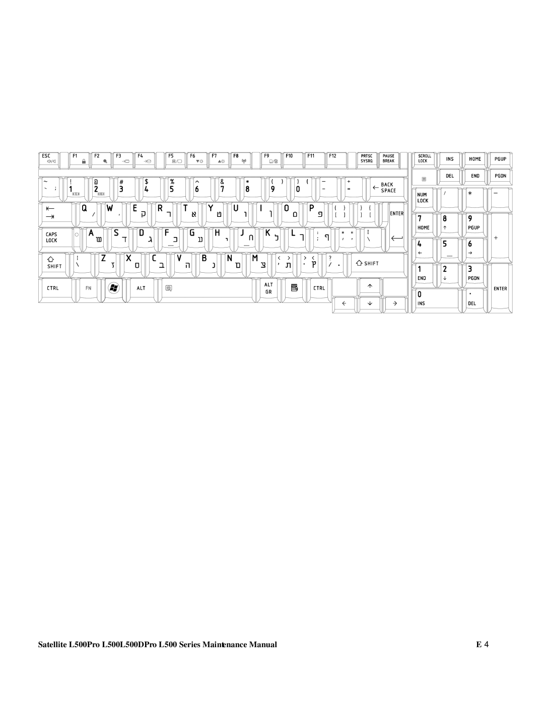 Toshiba L500D manual Hebrew HB Keyboard Danish DM Keyboard 