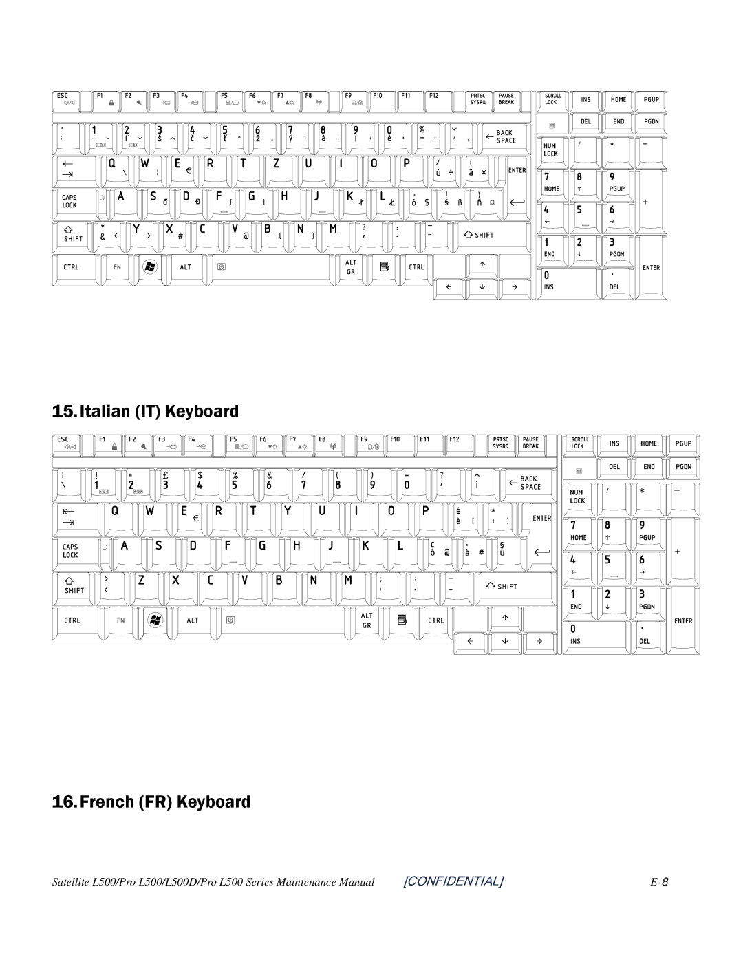 Toshiba L500D manual Italian IT Keyboard French FR Keyboard 