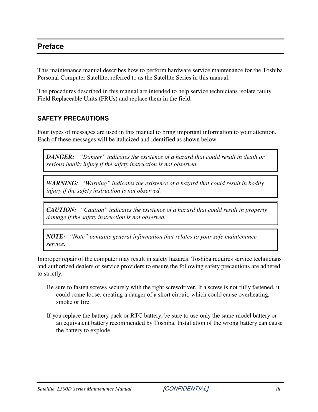 Toshiba L500D manual Preface, Safetyprecautions 