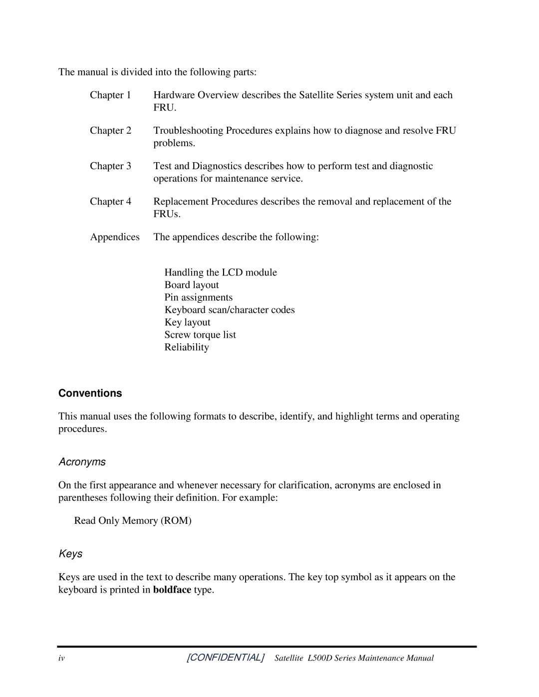 Toshiba L500D Themanualisdividedintothefollowingparts, Acronyms, ReadOnlyMemoryROM, Keys 