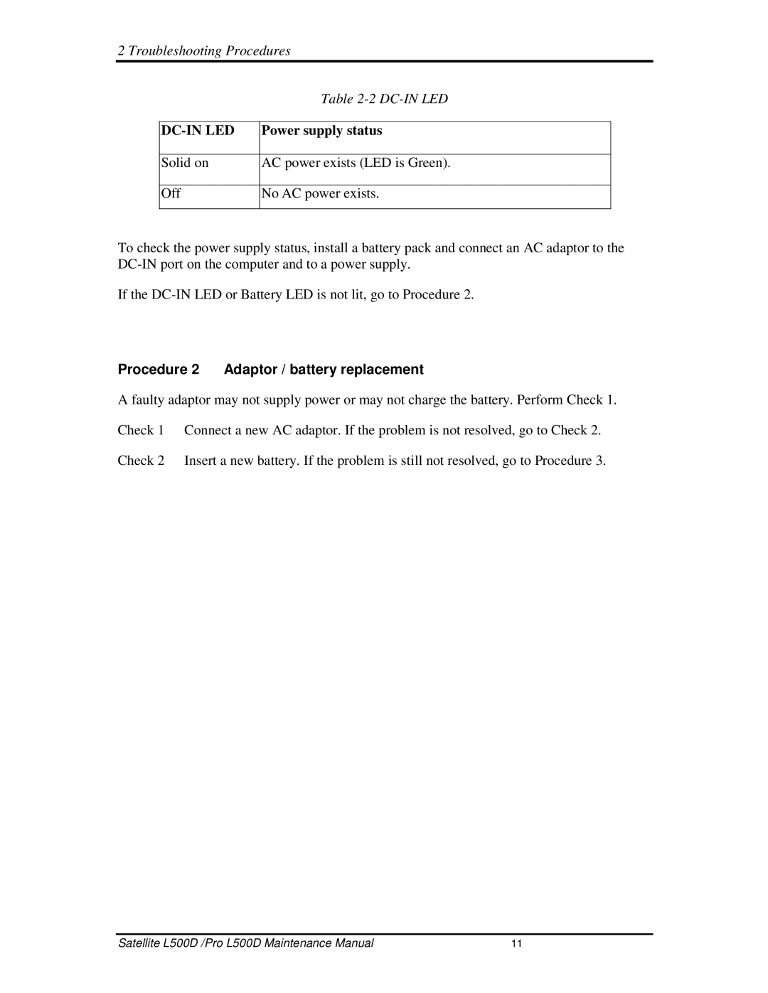 Toshiba L500D manual Dc-Inled, Procedure2 Adaptor/batteryreplacement 