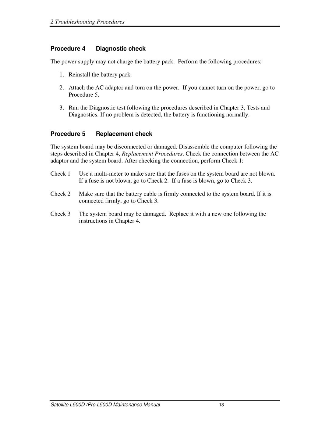 Toshiba L500D manual Procedure4 Diagnosticcheck, Procedure5 Replacementcheck 