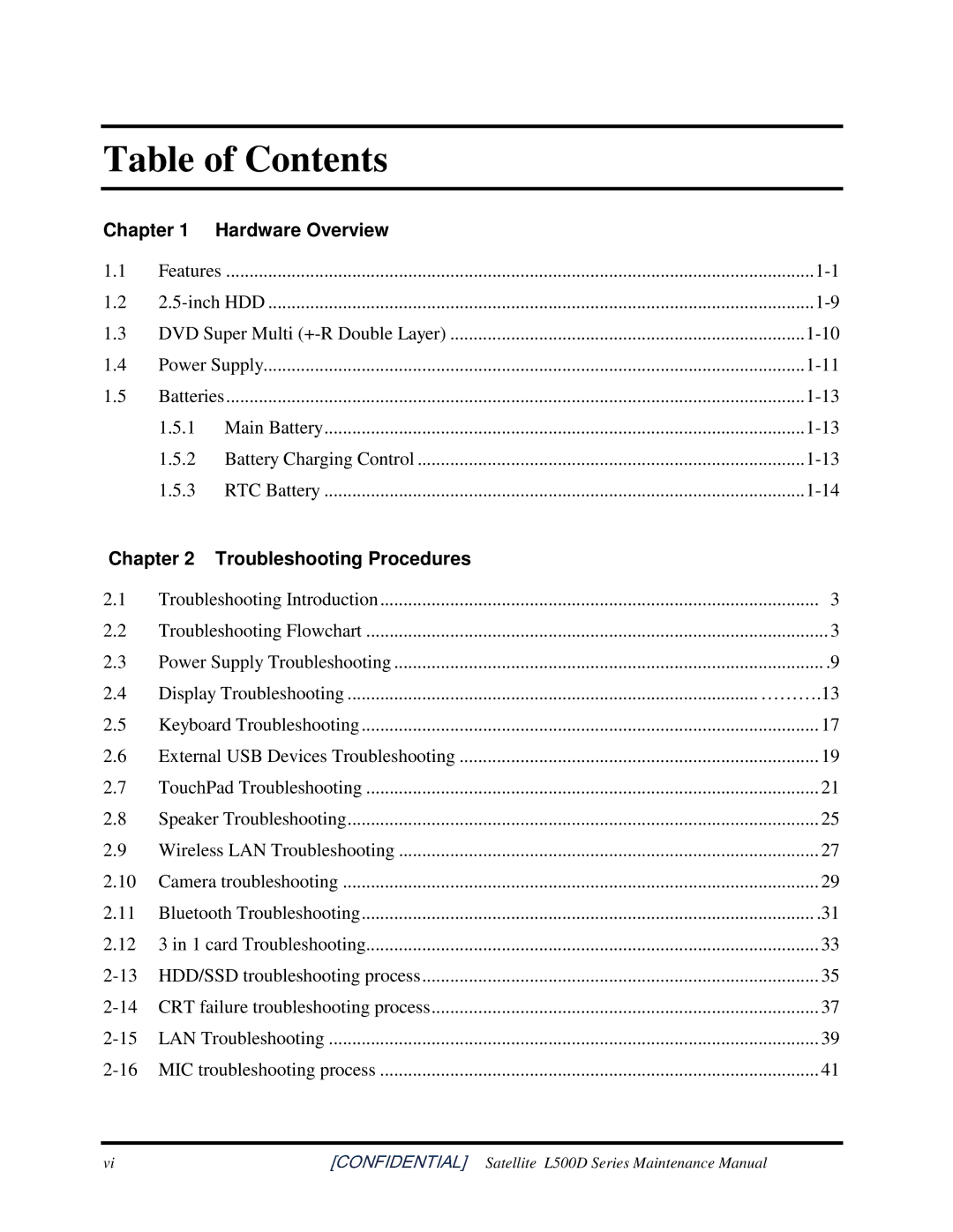 Toshiba L500D manual TableofContents 