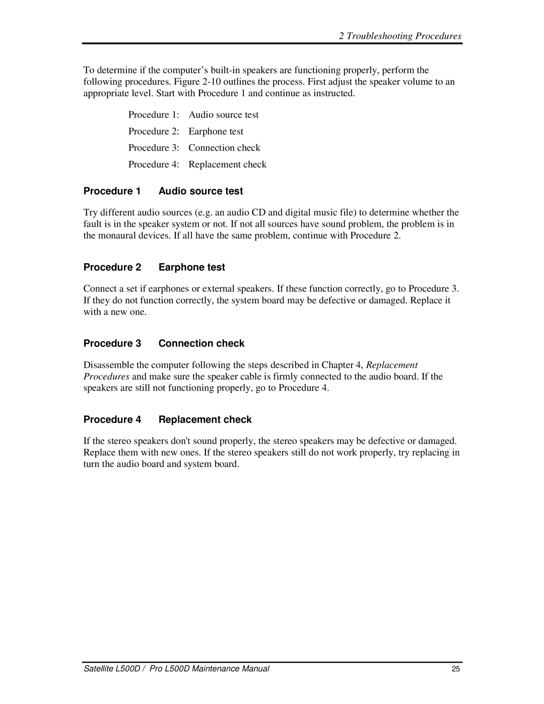 Toshiba L500D Procedure1 Audiosourcetest, Procedure2 Earphonetest, Procedure3 Connectioncheck, Procedure4 Replacementcheck 