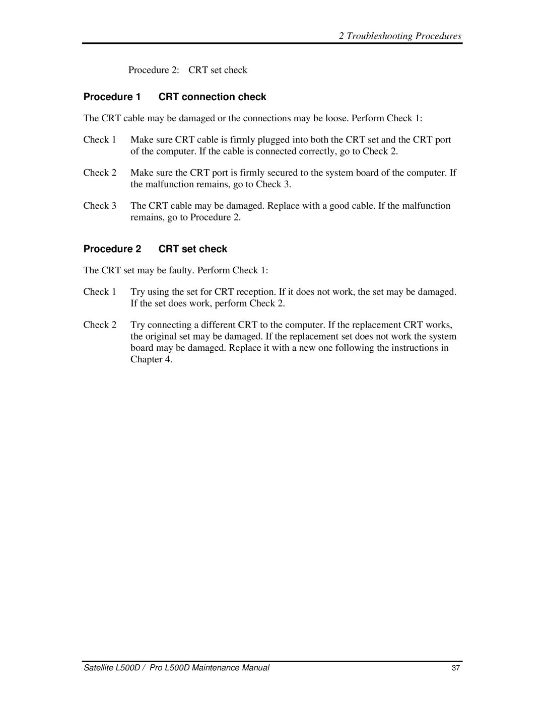 Toshiba L500D manual Procedure1 CRTconnectioncheck, Procedure2 CRTsetcheck 