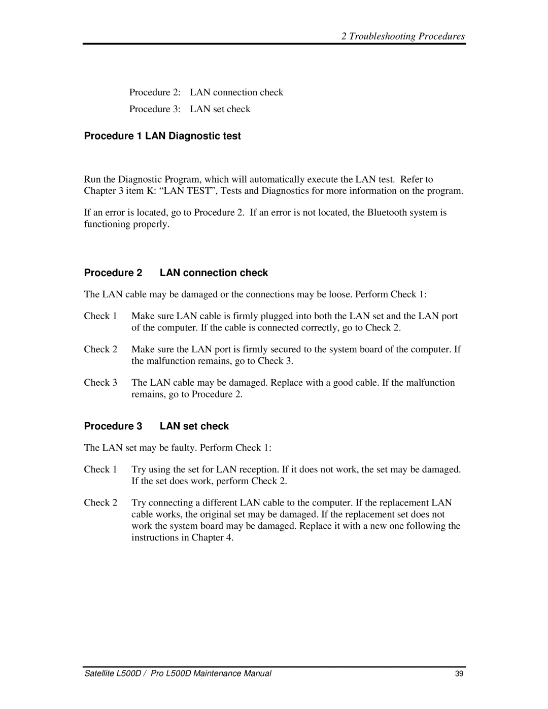 Toshiba L500D manual Procedure1LANDiagnostictest, Procedure2 LANconnectioncheck, Procedure3 LANsetcheck 