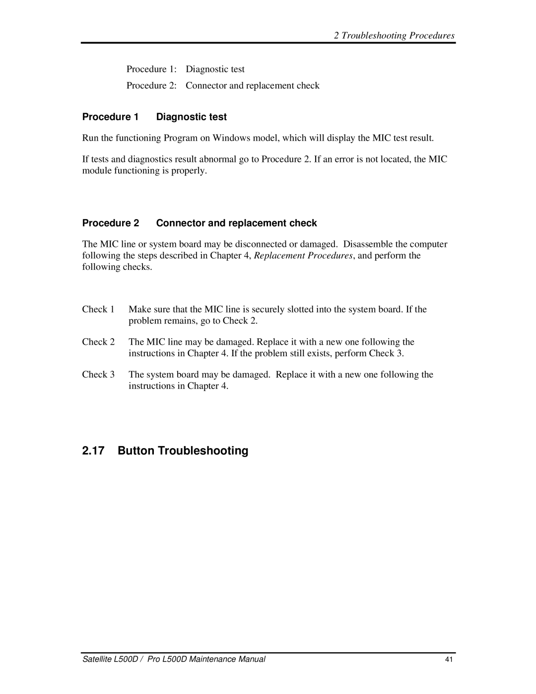 Toshiba L500D manual 17ButtonTroubleshooting, Procedure1 Diagnostictest 