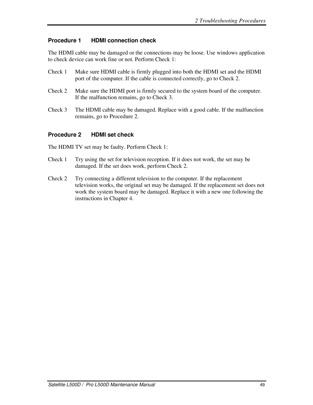 Toshiba L500D manual Procedure1 HDMIconnectioncheck, Procedure2 HDMIsetcheck 
