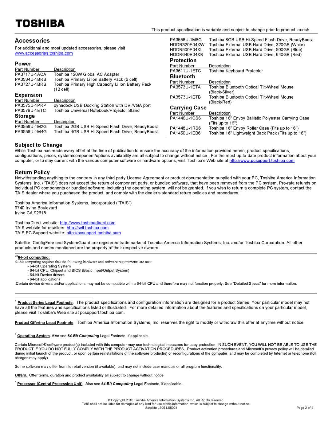Toshiba L505-LS5021 Power, Expansion, Storage, Protection, Bluetooth, Carrying Case, Subject to Change Return Policy 
