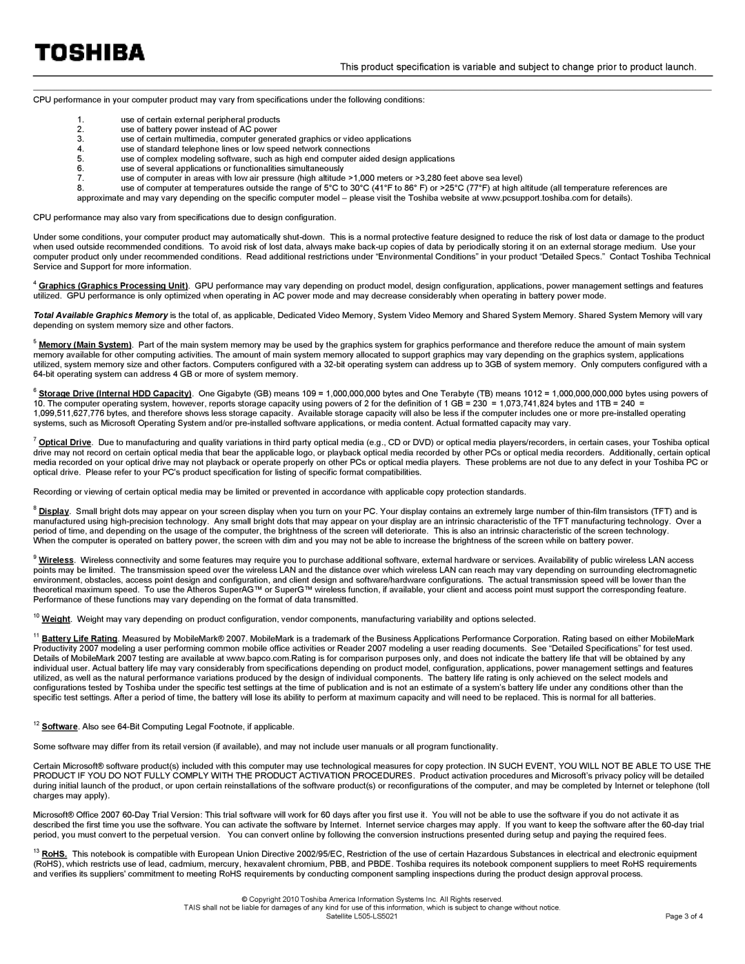 Toshiba L505-LS5021 specifications 