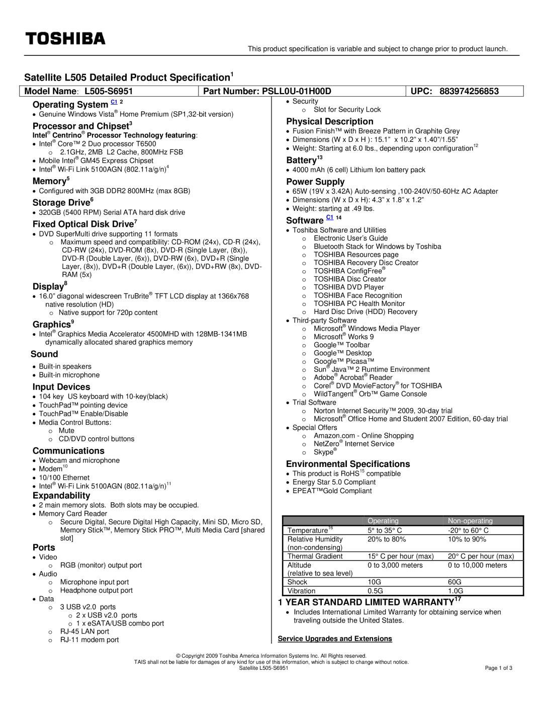 Toshiba L505-S6951 specifications Processor and Chipset3 Physical Description, Battery13, Memory5 Power Supply, Display8 