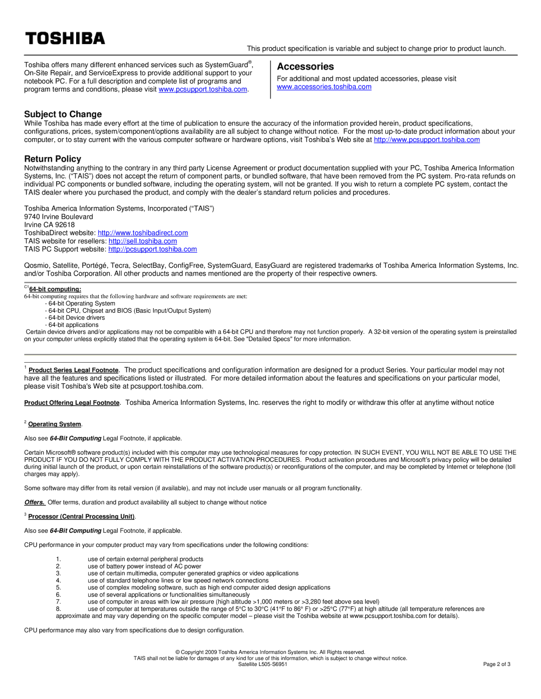 Toshiba L505-S6951 specifications Subject to Change Return Policy, C164-bit computing, Operating System 