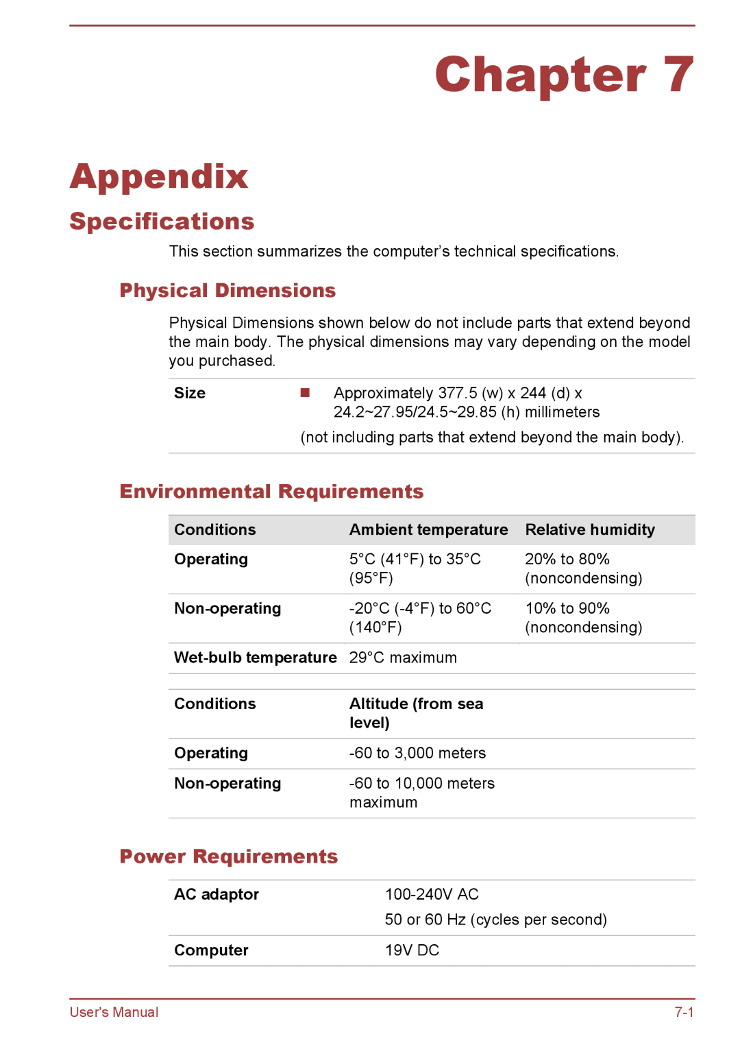 Toshiba L50t-A/L50Dt-A, L50-A/L50D-A Specifications, Physical Dimensions, Environmental Requirements, Power Requirements 