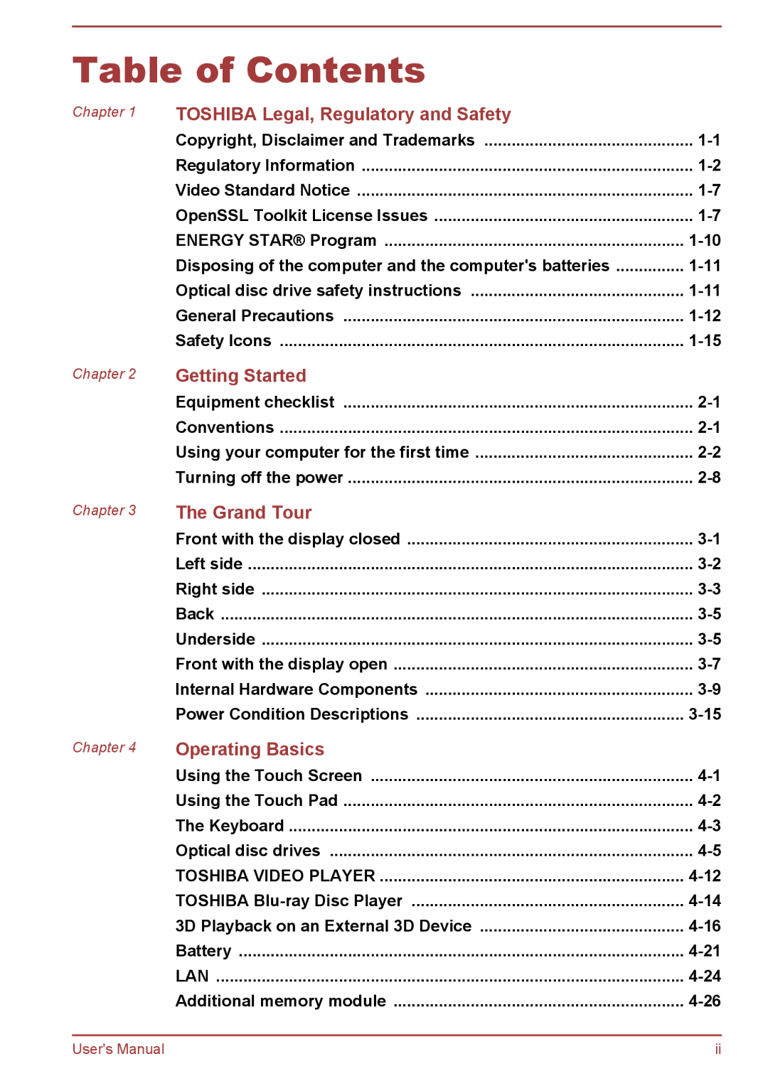 Toshiba L50t-A/L50Dt-A, L50-A/L50D-A user manual Table of Contents 