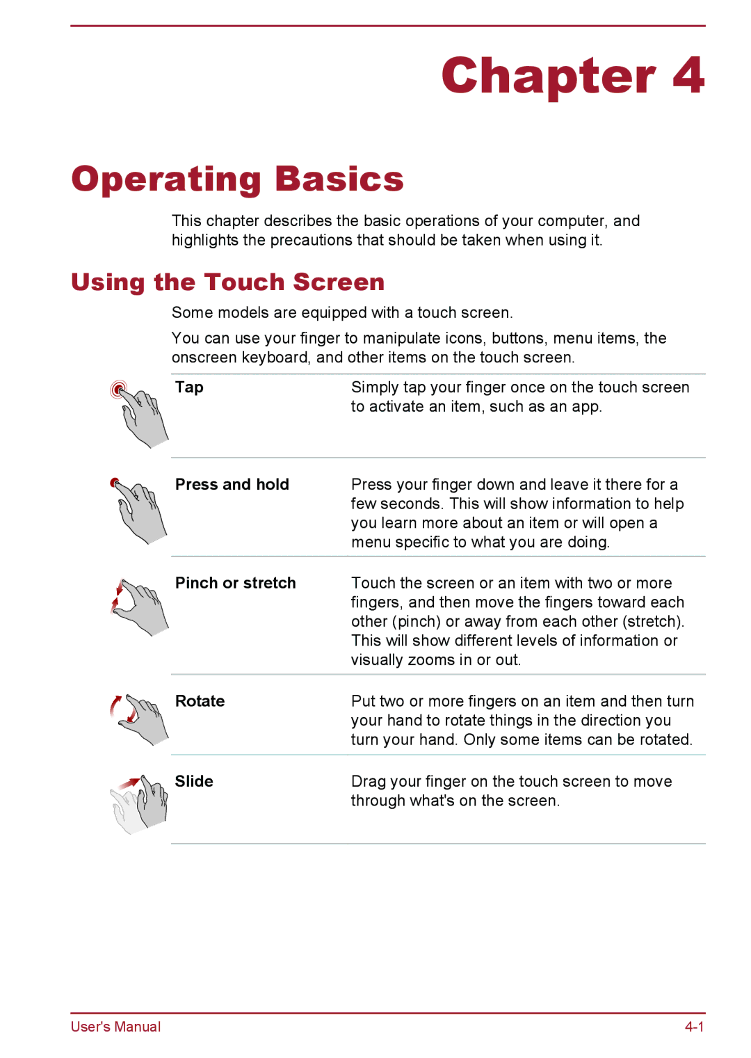 Toshiba L50-A/L50D-A, L50t-A/L50Dt-A user manual Using the Touch Screen 