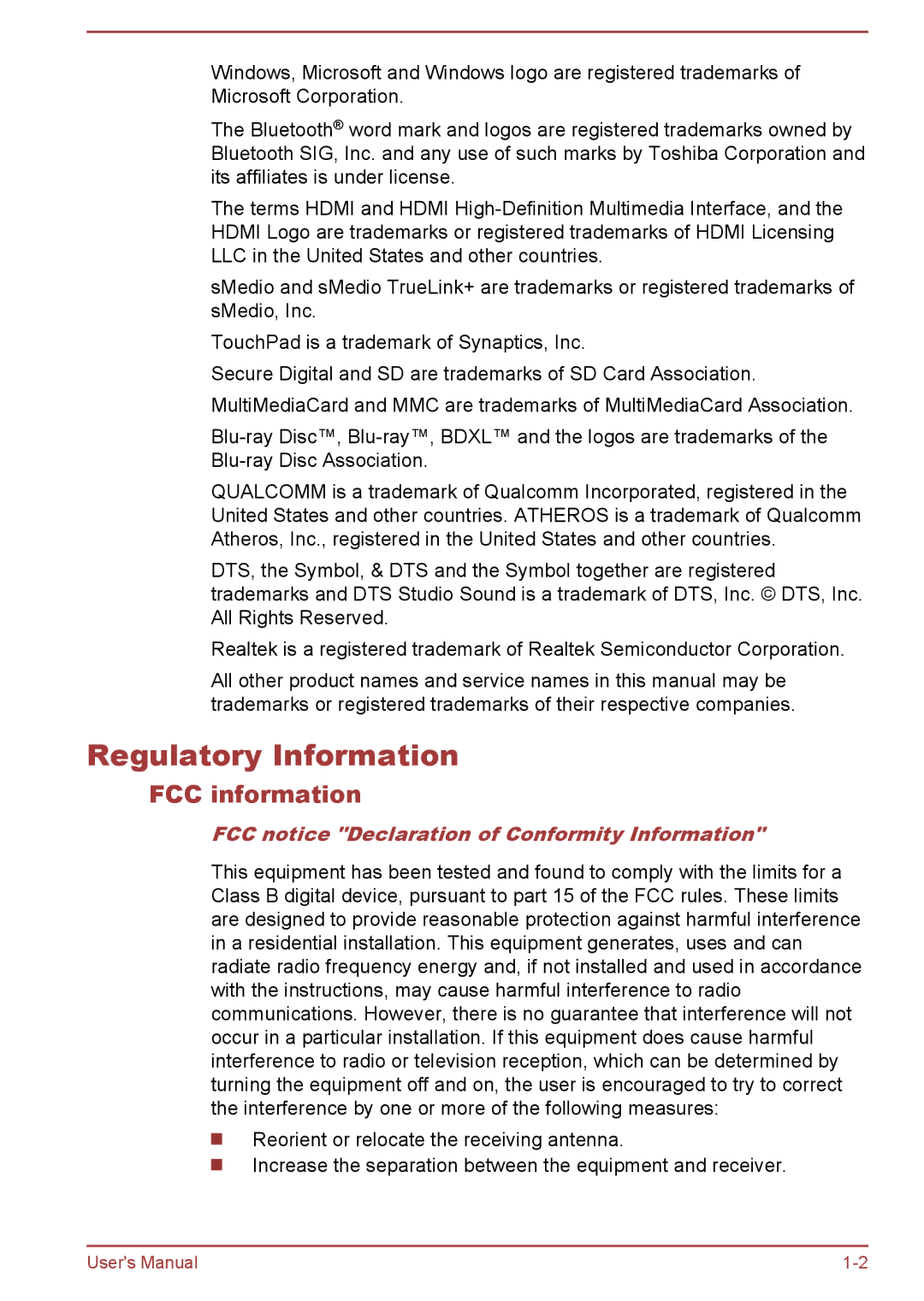 Toshiba L50-A/L50D-A user manual Regulatory Information, FCC information, FCC notice Declaration of Conformity Information 