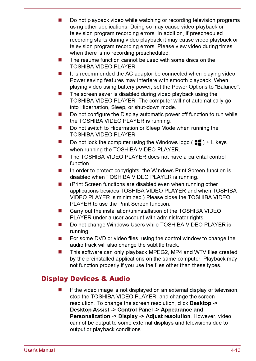 Toshiba L50-A/L50D-A, L50t-A/L50Dt-A user manual Display Devices & Audio, Toshiba Video Player 