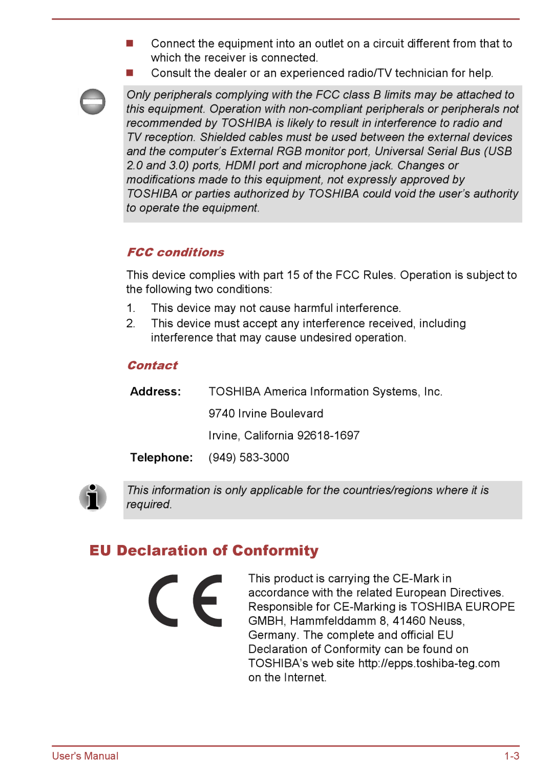 Toshiba L50t-A/L50Dt-A, L50-A/L50D-A user manual EU Declaration of Conformity, FCC conditions, Contact 