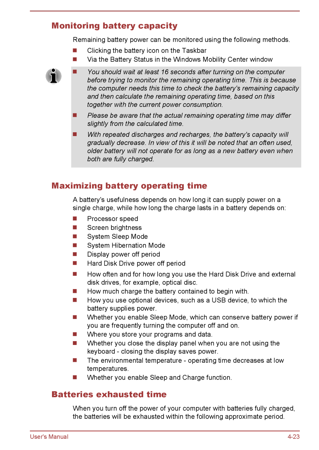 Toshiba L50-A/L50D-A user manual Monitoring battery capacity, Maximizing battery operating time, Batteries exhausted time 