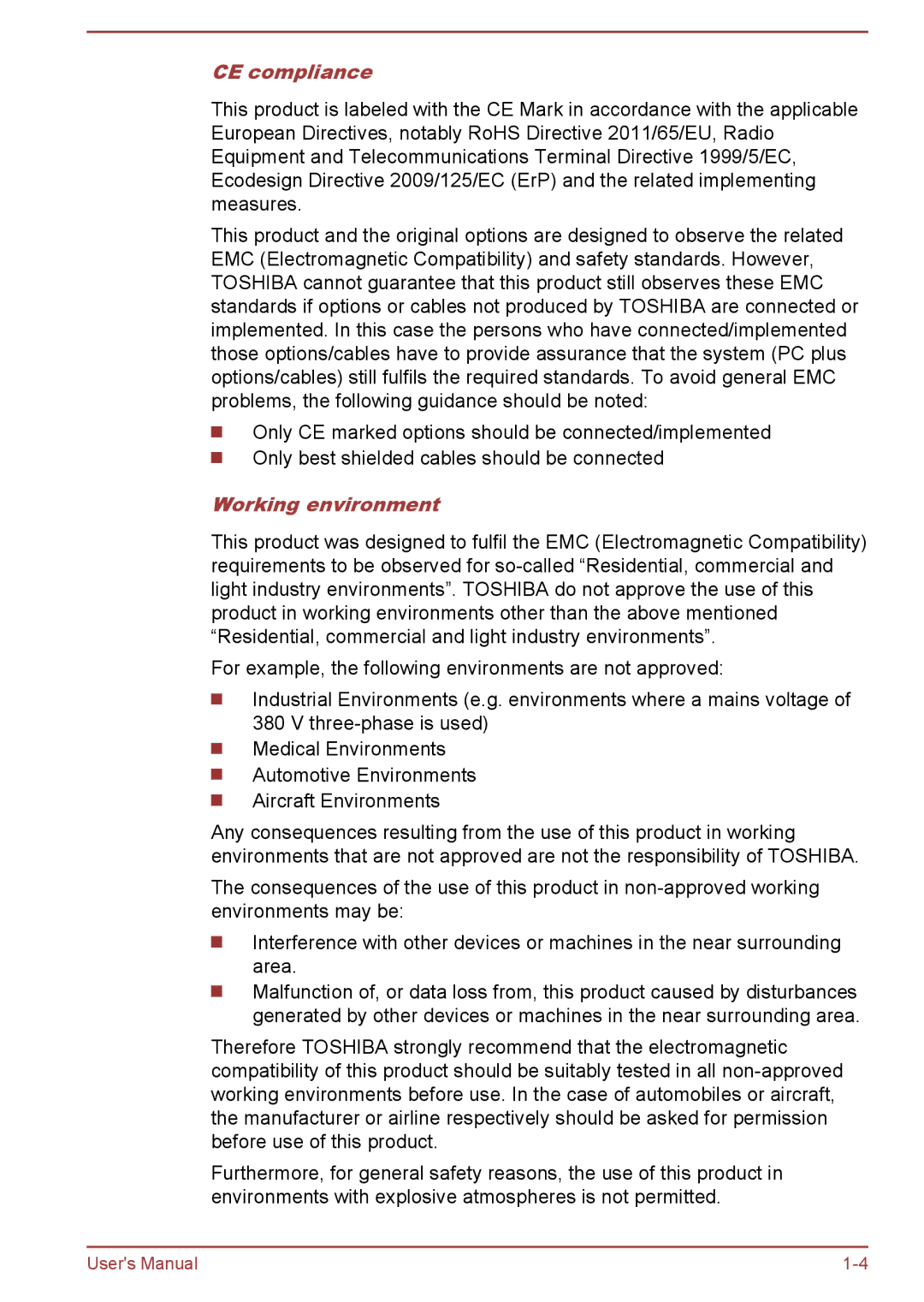 Toshiba L50-A/L50D-A, L50t-A/L50Dt-A user manual CE compliance, Working environment 