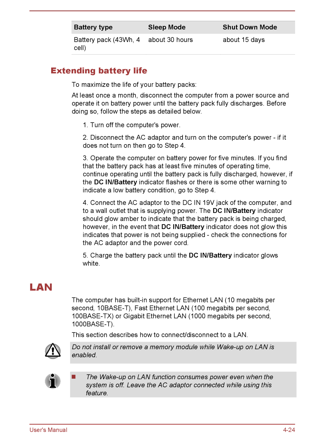 Toshiba L50t-A/L50Dt-A, L50-A/L50D-A user manual Extending battery life, Battery type Sleep Mode Shut Down Mode 