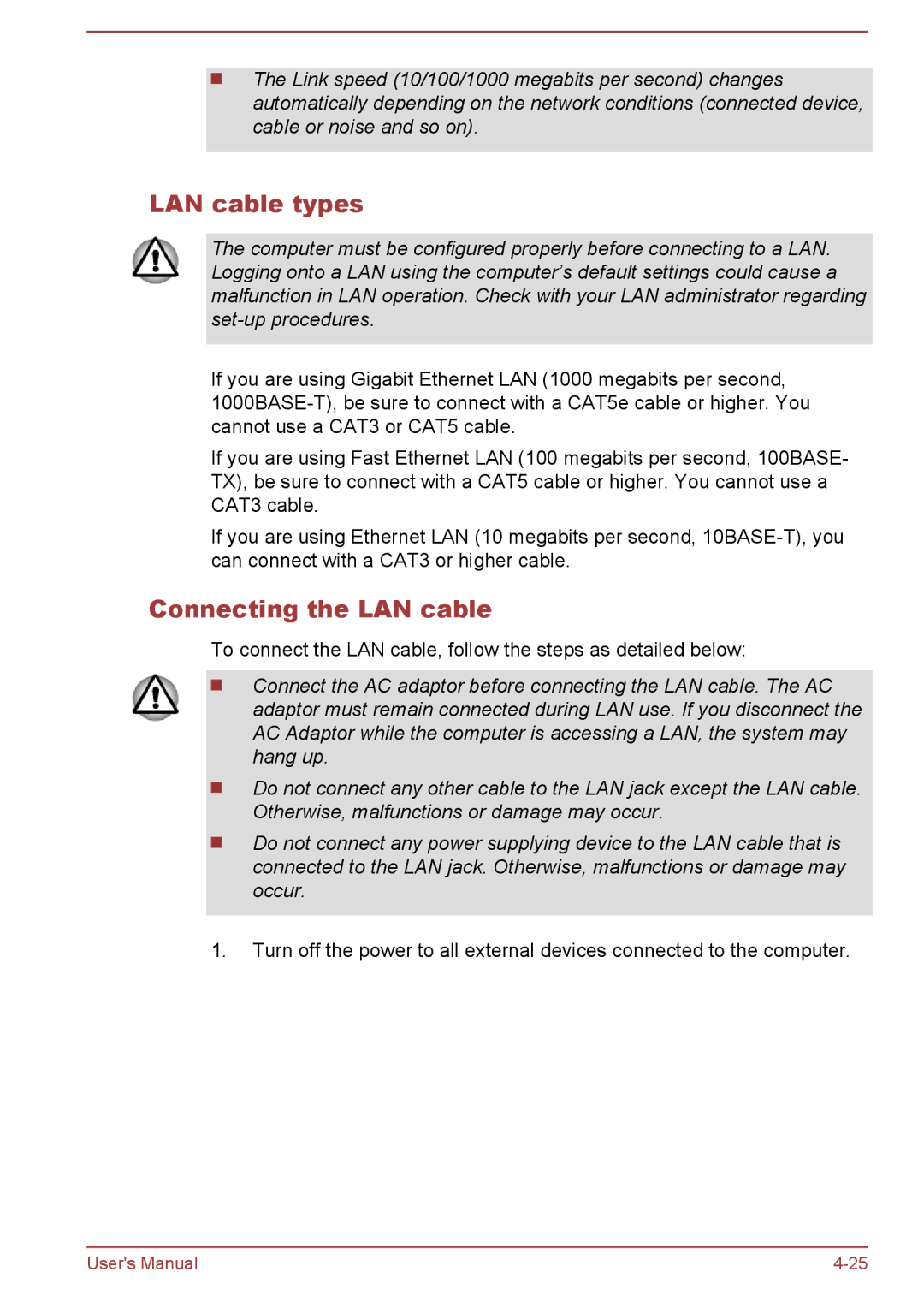 Toshiba L50-A/L50D-A, L50t-A/L50Dt-A user manual LAN cable types, Connecting the LAN cable 