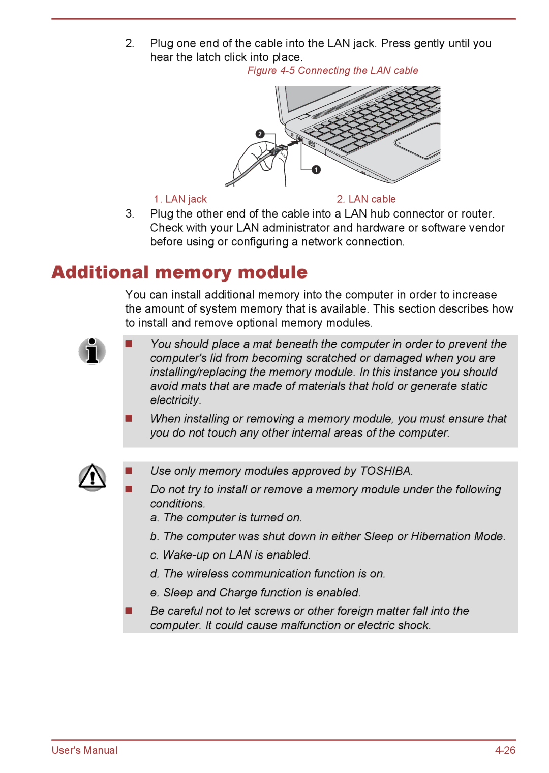 Toshiba L50t-A/L50Dt-A, L50-A/L50D-A user manual Additional memory module, Connecting the LAN cable 