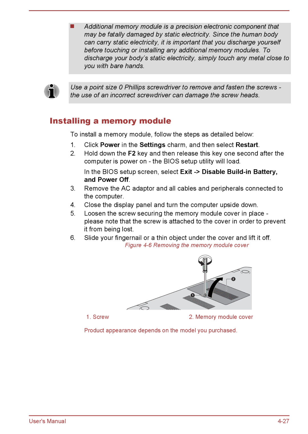 Toshiba L50-A/L50D-A, L50t-A/L50Dt-A user manual Installing a memory module, Screw Memory module cover 