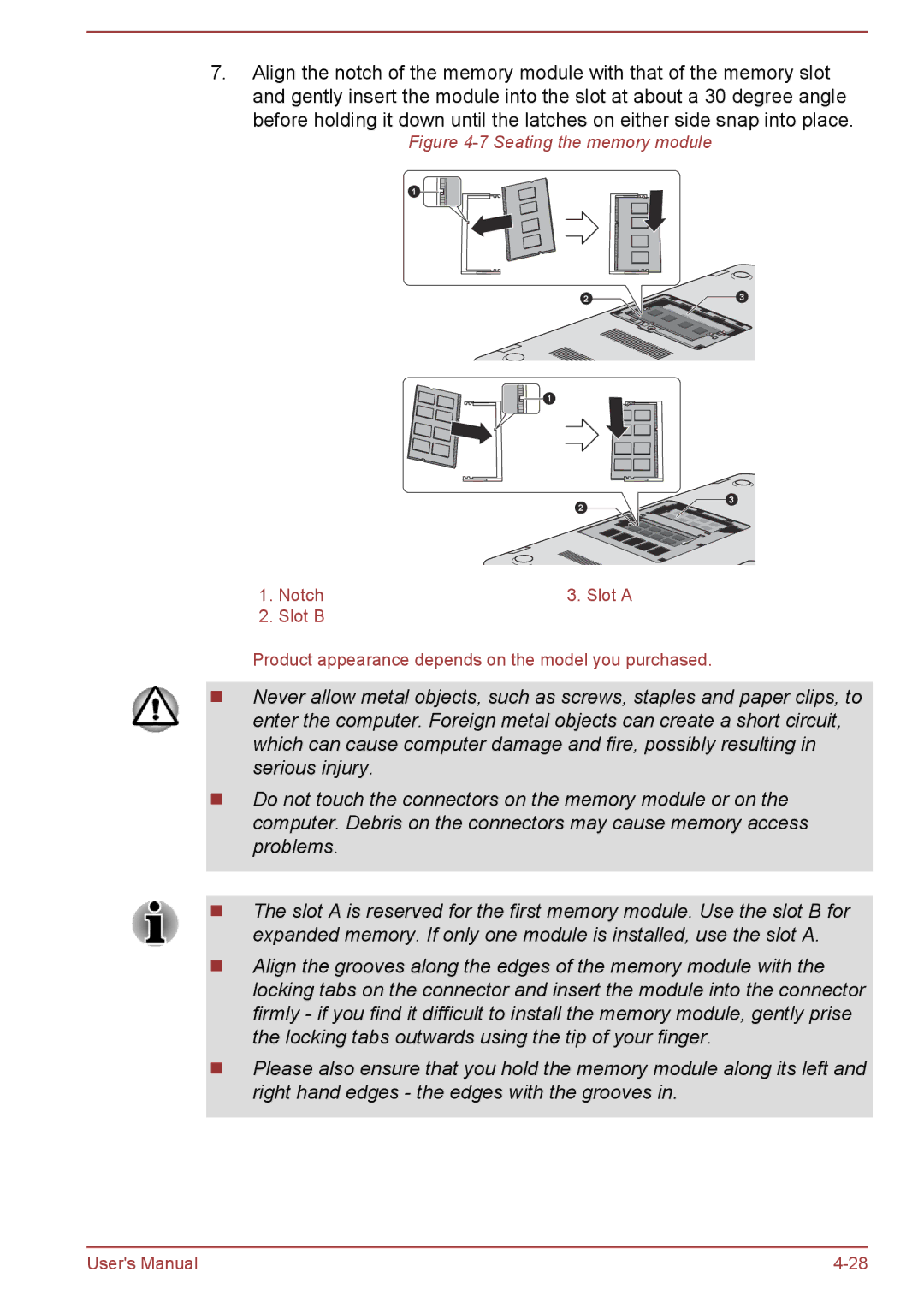 Toshiba L50t-A/L50Dt-A, L50-A/L50D-A user manual Seating the memory module 