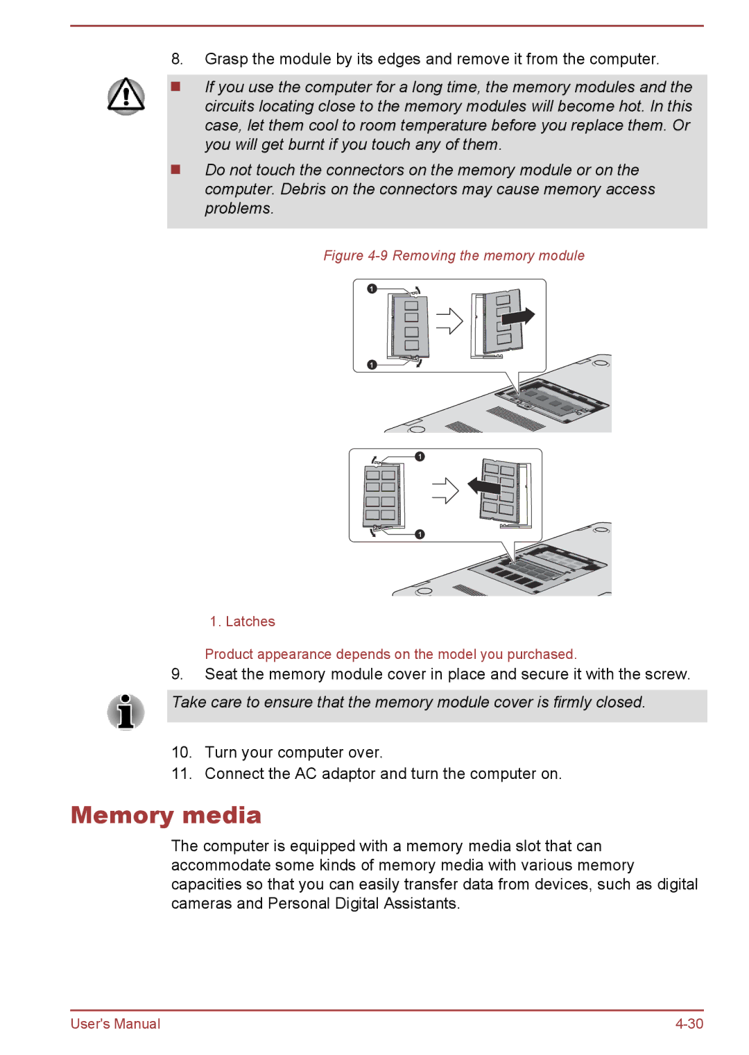 Toshiba L50t-A/L50Dt-A, L50-A/L50D-A user manual Memory media, Removing the memory module 