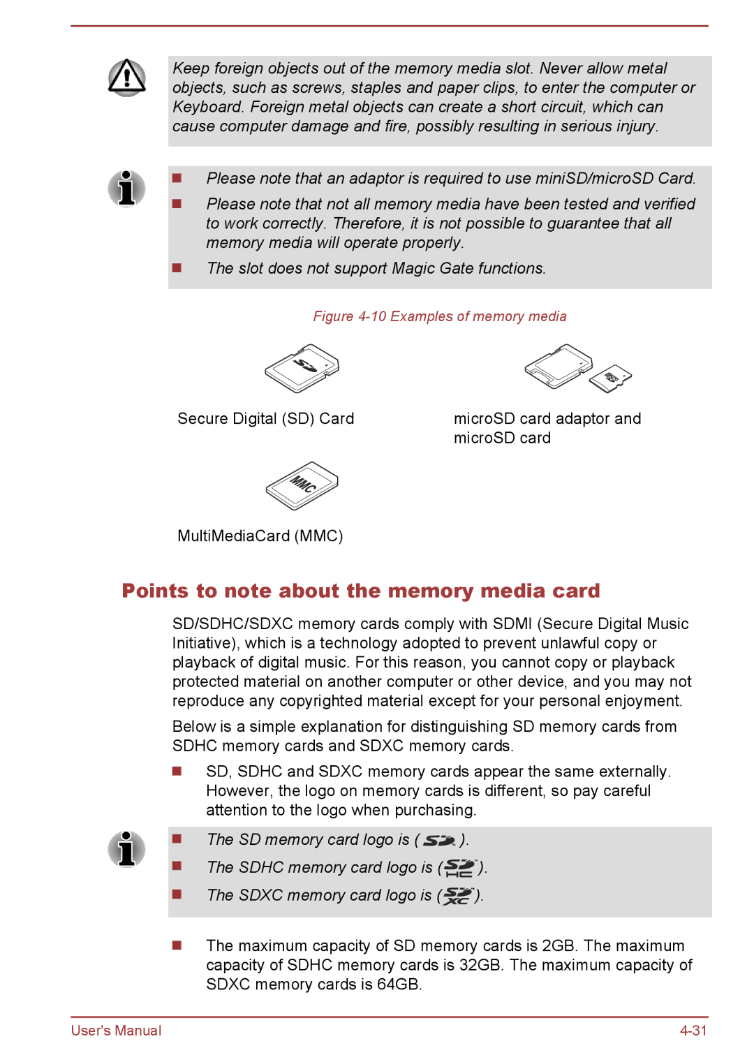 Toshiba L50-A/L50D-A, L50t-A/L50Dt-A user manual Points to note about the memory media card, Examples of memory media 