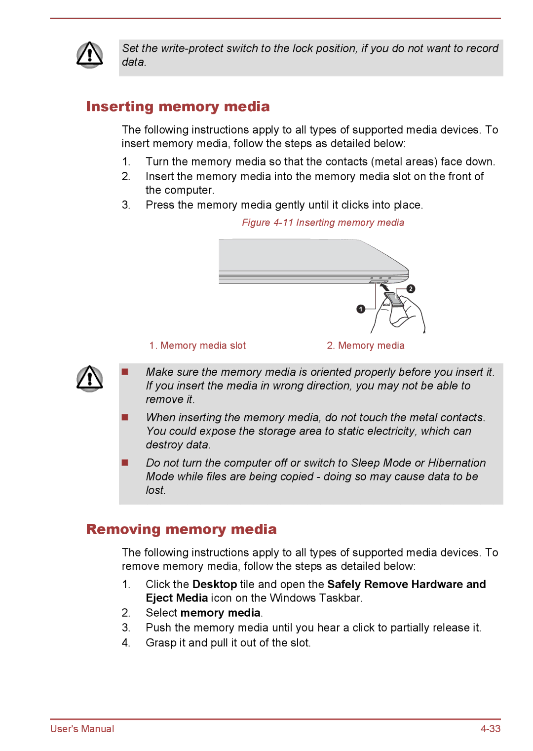 Toshiba L50-A/L50D-A, L50t-A/L50Dt-A user manual Inserting memory media, Removing memory media 