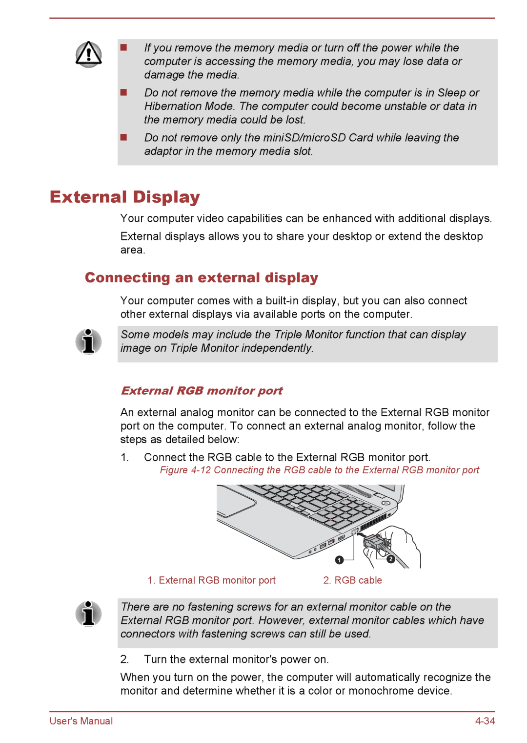 Toshiba L50t-A/L50Dt-A, L50-A/L50D-A user manual External Display, Connecting an external display, External RGB monitor port 