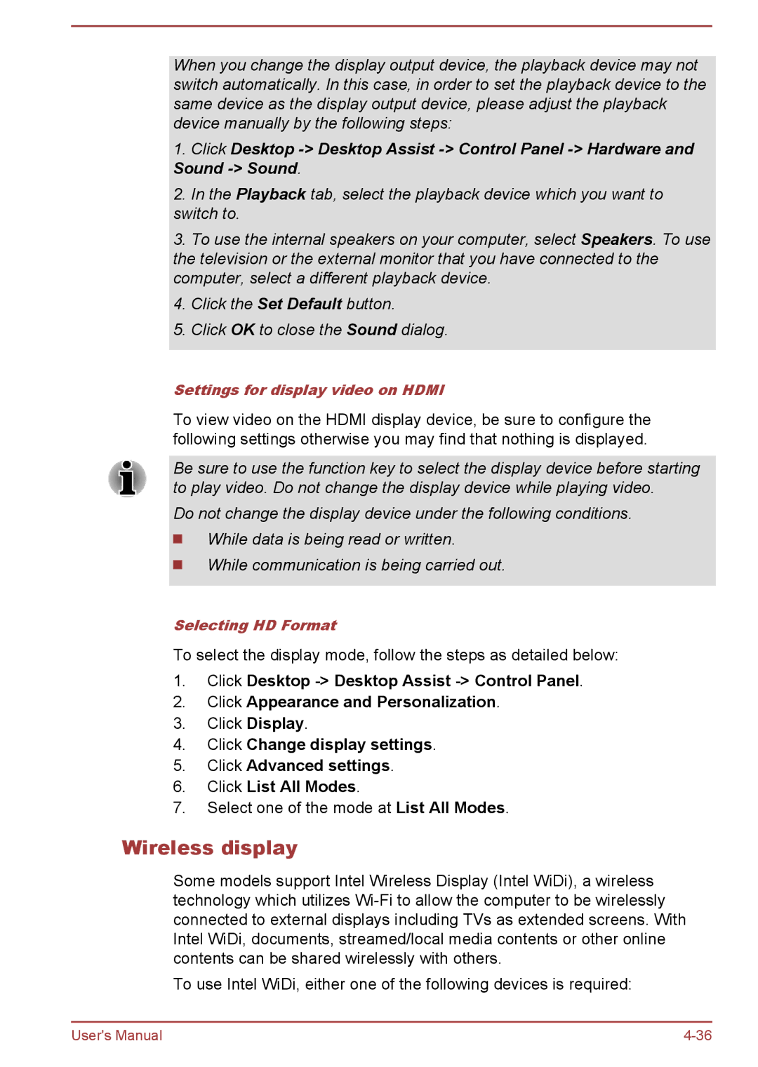 Toshiba L50t-A/L50Dt-A, L50-A/L50D-A user manual Wireless display, Settings for display video on Hdmi 