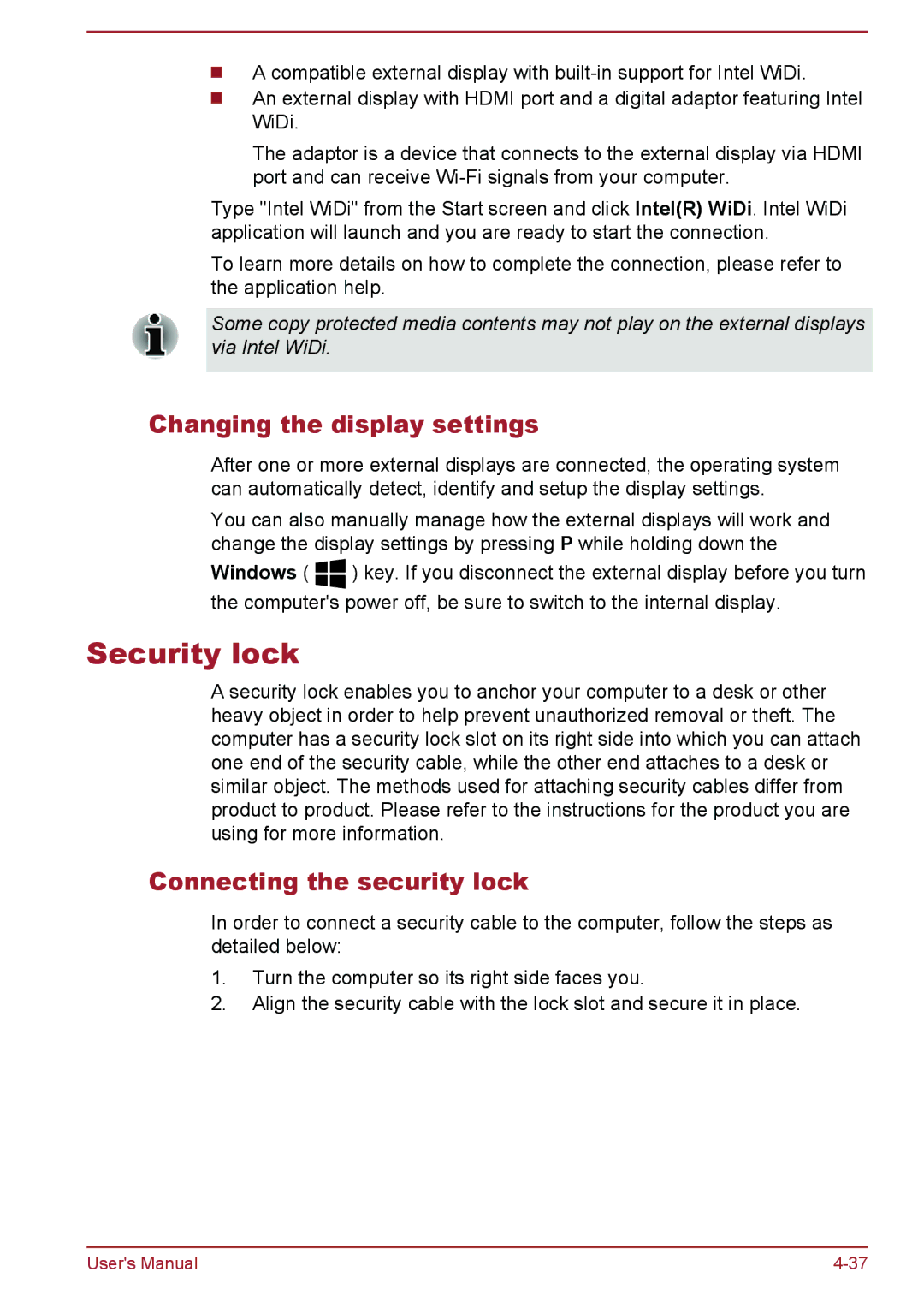 Toshiba L50-A/L50D-A, L50t-A/L50Dt-A user manual Security lock, Changing the display settings, Connecting the security lock 